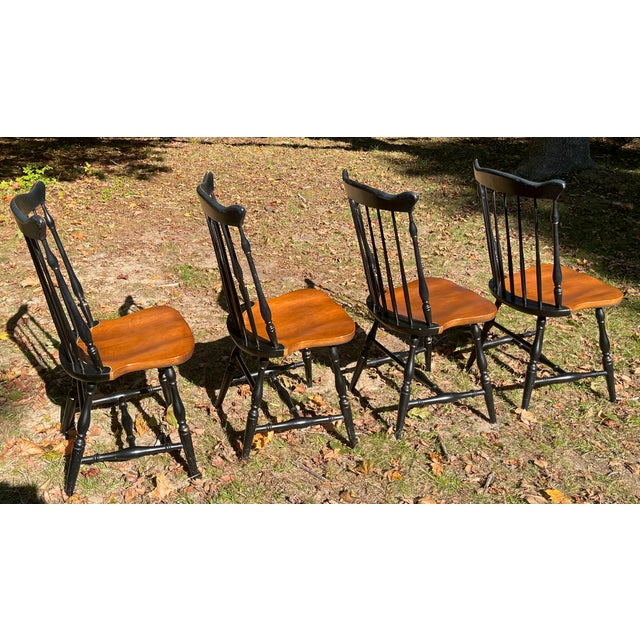 Hitchcock Set 4 Hitchcock Fantop Windsor Dining Chairs Signed Grape Stencil Maple Seats Farmhouse For Sale - Image 4 of 7