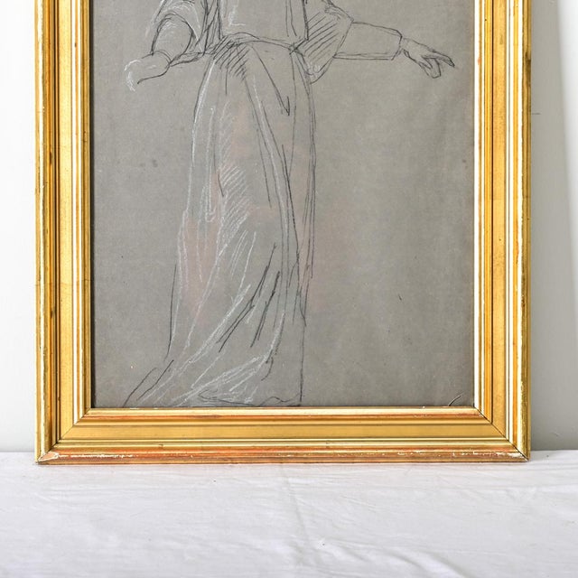 French vintage 20th century charcoal and chalk sketch/study of a statuesque woman in loose-fitting dress (like a dressing...