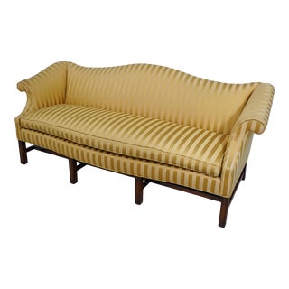 Chippendale Gold Striped Upholstered Camelback Sofa For Sale