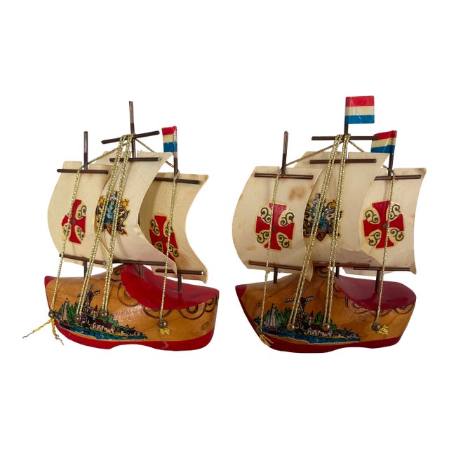 Pair of Vintage Dutch Hand-Painted Sailboats With Heraldic Sails, Mid-Century Nautical Decor For Sale