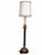 An elegant candlestick-form table lamp featuring a slender black column, gold-tone ornamental accents, and an ivory...