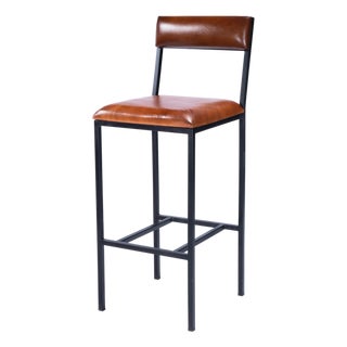 Lazarus 31.5 in. Seat Height Leather and Metal Bar Stool, Industrial Chic For Sale