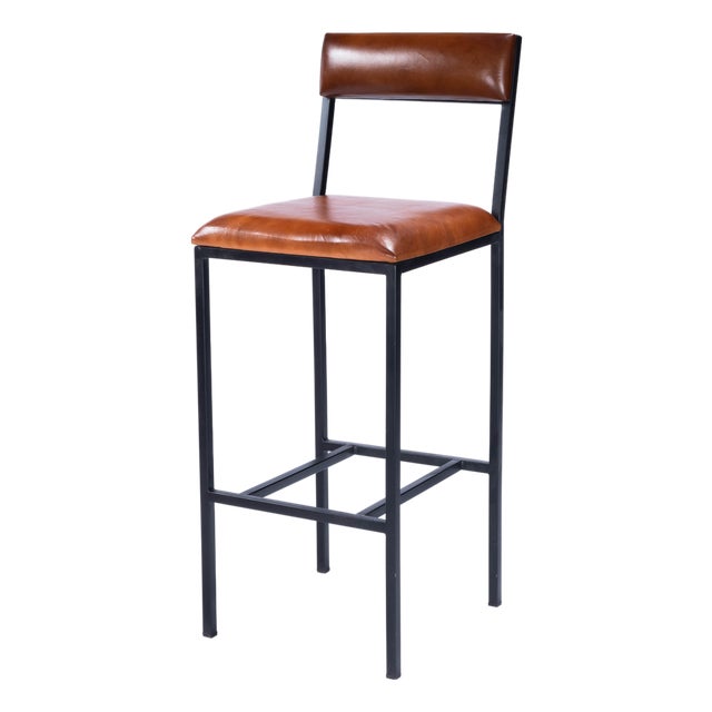 Lazarus 31.5 in. Seat Height Leather and Metal Bar Stool, Industrial Chic For Sale