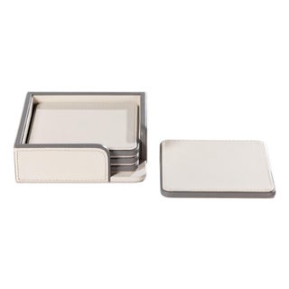 Nappa Leather 4-Piece Coaster Set on Tray, Cream & Gray For Sale