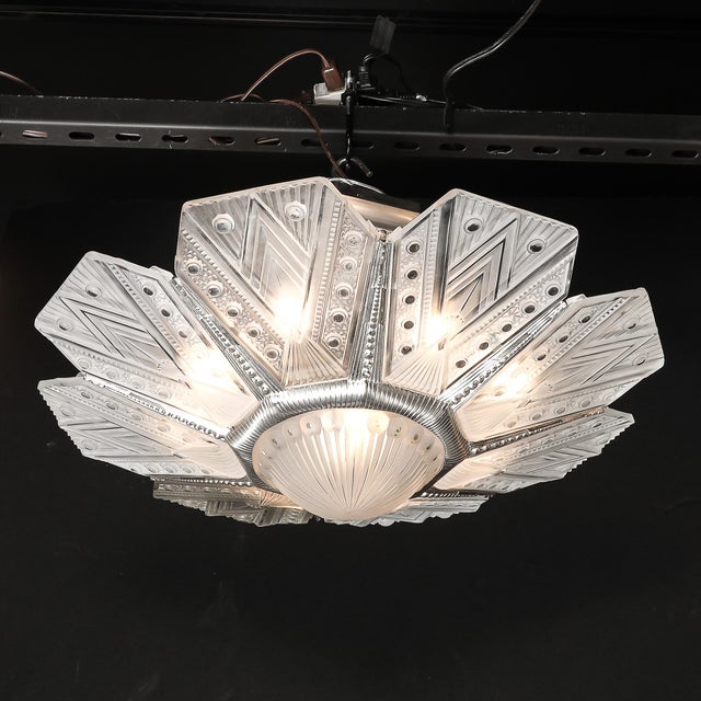 Art Deco Frosted Glass Cubist Geometric Detail & Fluted Chandelier Signed Leleu For Sale - Image 15 of 18