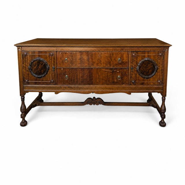 Brown Antique Jacobean Revival Figured Wood Sideboard With Carved Medallions For Sale - Image 8 of 18