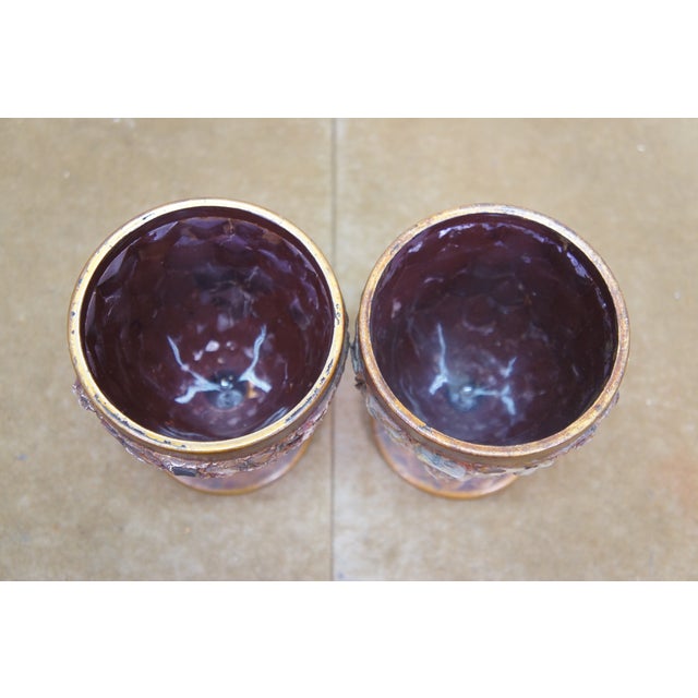 Late 20th Century Vintage Amethyst Glass Bronzed Shell Stone Urns Folk Art Mosaic Lidded Chalices For Sale - Image 5 of 13