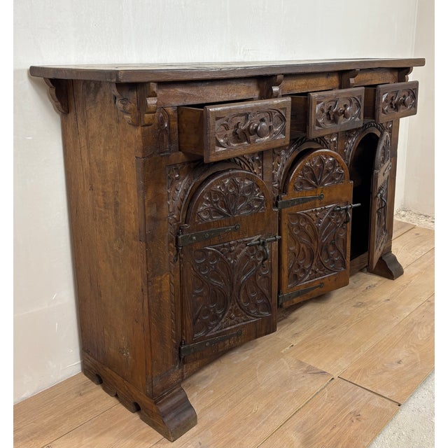 Spanish Carved Oak Sideboard, 1860s For Sale - Image 6 of 14