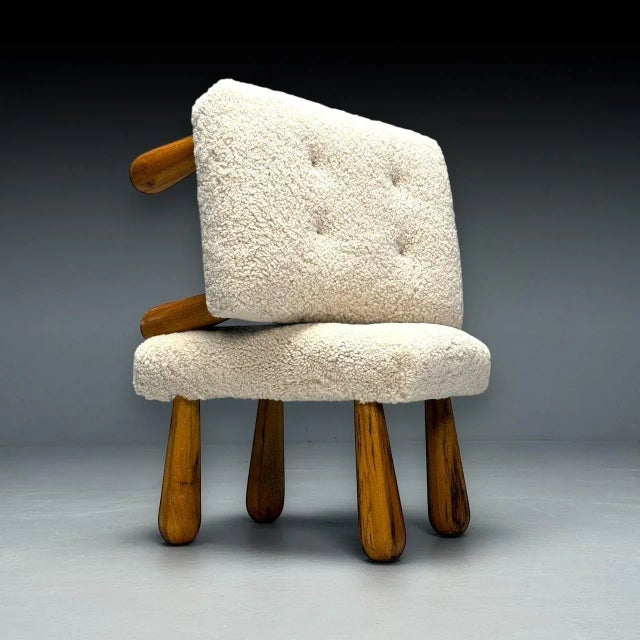 Contemporary, Danish Mid-Century Modern Style, Sheepskin Benches, Small Benches or Ottomans, Beige Shearling, Maple This...