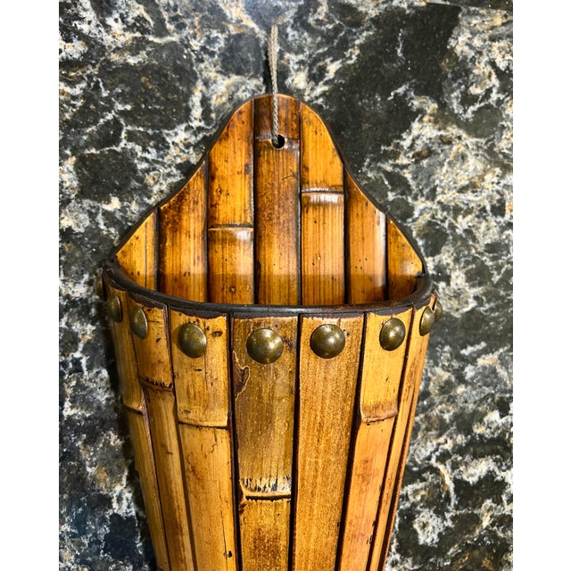 Wood Large, Bamboo, Wall Pocket Planter, With Brass Studs, 1980’s For Sale - Image 7 of 10