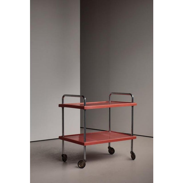 Wood Functionalist Scandinavian Red Lacquered Steel Tube and Wood Serving Cart, 1930s For Sale - Image 7 of 18