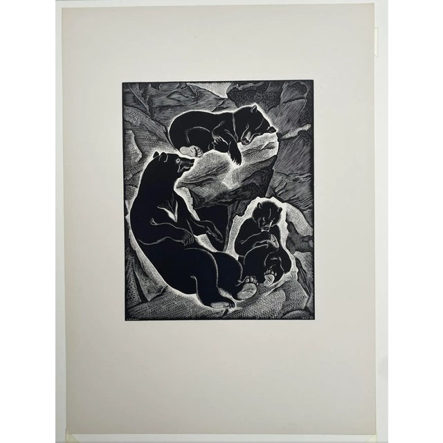 1937 wood engraving by Barbara Latham (1896-1989) "Bear Family," signed in plate. Image: 19 x 8 inches Sheet: 18 x 13...