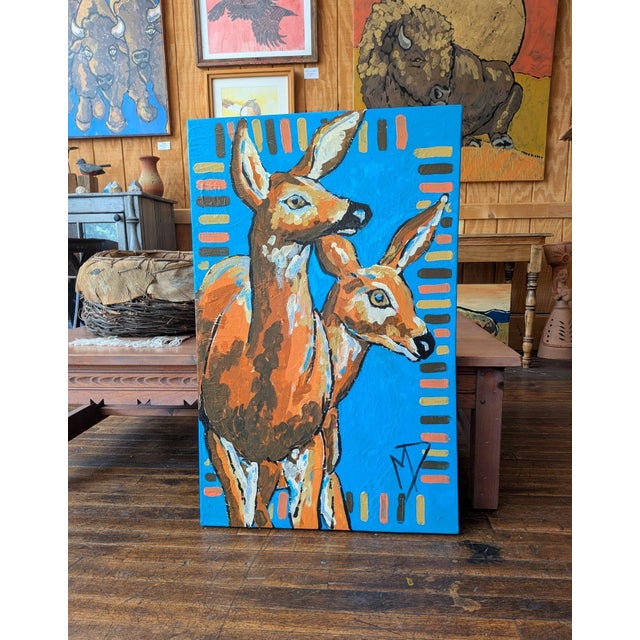 Figurative Two Deer Modern Folk Art Painting by Mikel Davison For Sale - Image 3 of 8