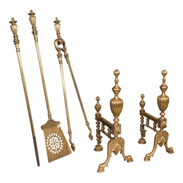 Antique Fireplace Tool Suite, English, Brass, Shovel, Poker, Tongs, Victorian For Sale