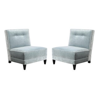 Pair of Mid-Century Button Back Detailed Slipper Chairs in Powder Blue Mohair For Sale