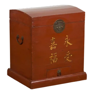 Chinese Vintage Red Lacquer Wedding Chest with Gilded Calligraphy and Drawer
