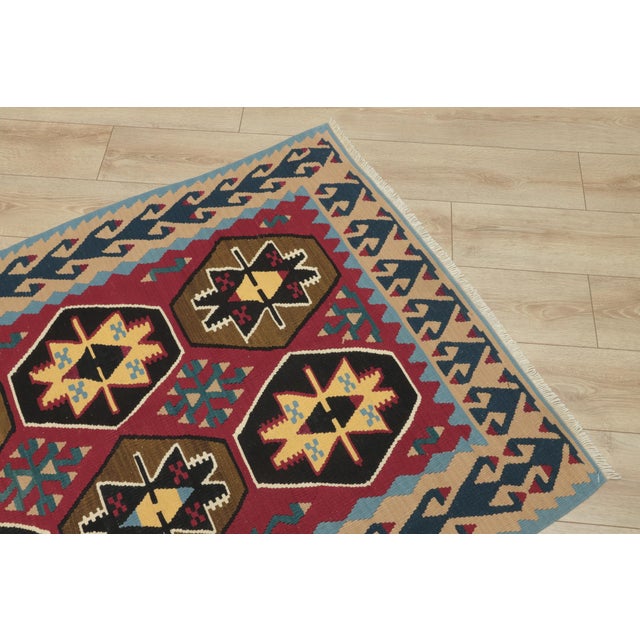 Textile 1970s Scandinavian Style Geometric Design Red Handmade Oushak Kilim Runner Rug For Sale - Image 7 of 12