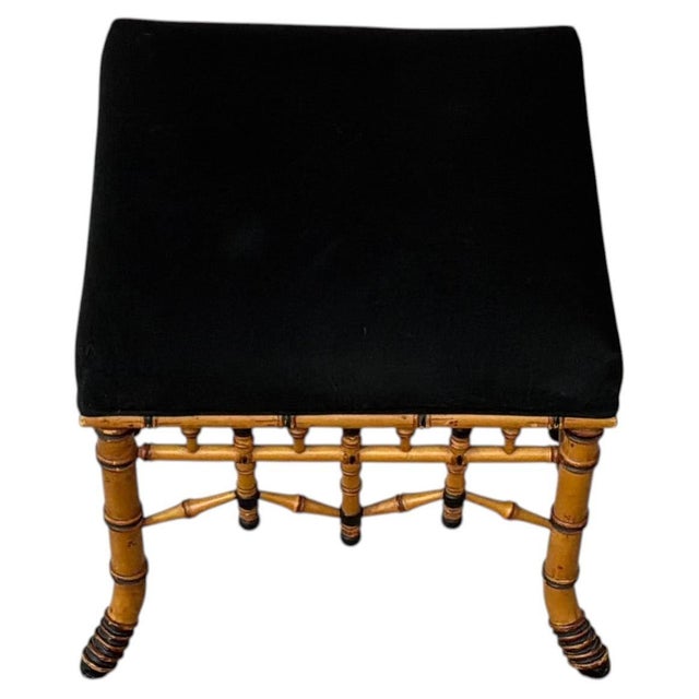 Chinoiserie Vintage Regency Style Faux Bamboo Accent Bench With Black Upholstered Seat #2 For Sale - Image 3 of 10