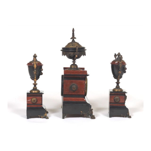 Metal Antique Samuel Marti French Rouge Marble &Bronze 8 Day Mantle Clock Garniture For Sale - Image 7 of 14