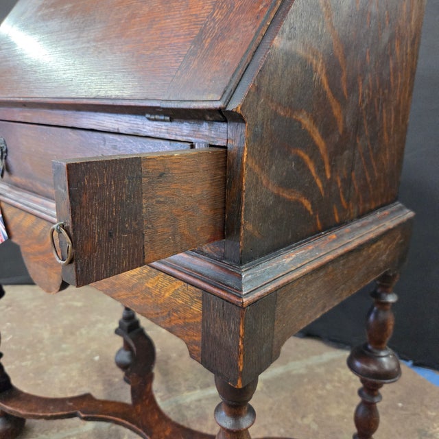 Antique English Oak Gothic Revival X-Base Bureau Desk on Stand For Sale - Image 17 of 18