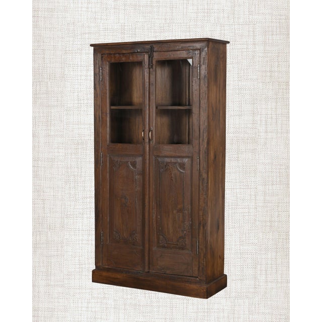 1930s Antique Indian Armoire | Glass Display Cabinet | Vintage Teak Wood Cabinet | Wabi Sabi Decor For Sale - Image 5 of 6