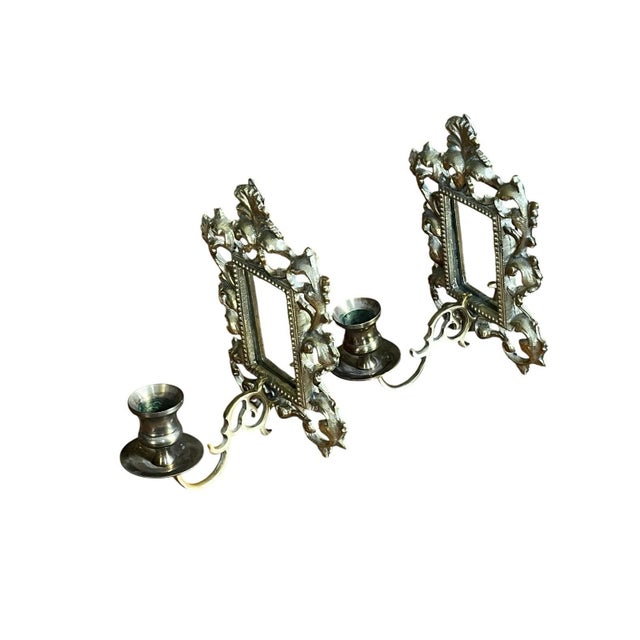 VTG Brass Ornate Victorian 7.5” Wall Candle Holder Sconce Pair For Sale - Image 9 of 16