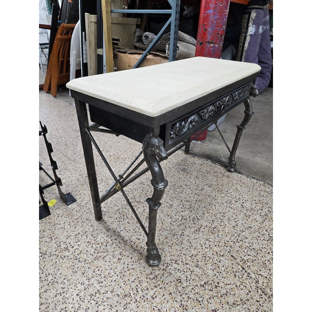 Late 20th Century Late 20th Century Neoclassical Horsehead Wrought Iron Console Table W Cast Stone Top For Sale - Image 5 of 12