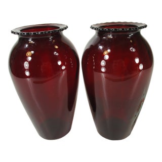 Pair Vintage Red Glass Vases For Sale