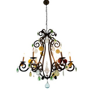 Vintage Chandelier With Colored Glass Drops and Crystal Accents For Sale