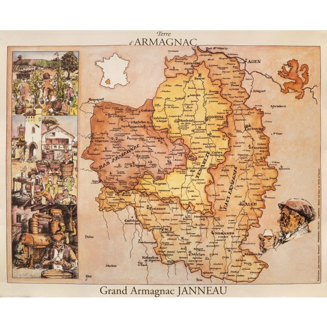 1970s French Vintage Armagnac Janneau Poster (Map) For Sale