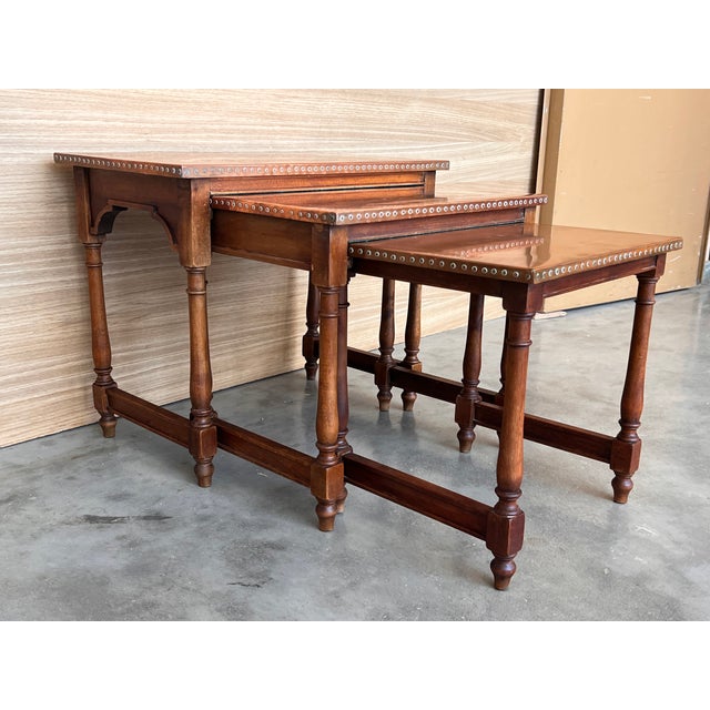 1930s Set of Three Spanish Walnut Nesting Tables With Copper Top For Sale - Image 5 of 8