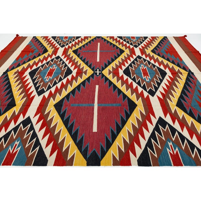 Mustard Contemporary Navajo-Style Eye Dazzler Flat-Weave Wool Area Rug / Southwestern For Sale - Image 8 of 12