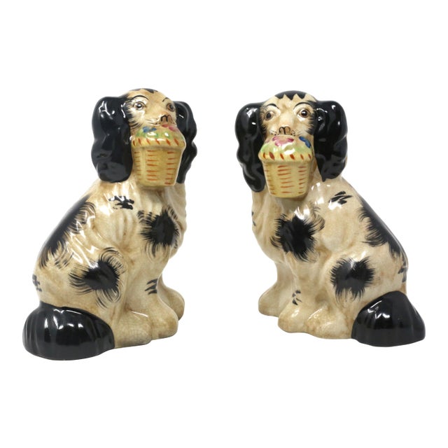 Vintage Staffordshire-Style Cavalier King Spaniel Ceramic Dog Figurines - Set of 2 For Sale