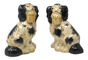 Vintage Staffordshire-Style Cavalier King Spaniel Ceramic Dog Figurines - Set of 2
