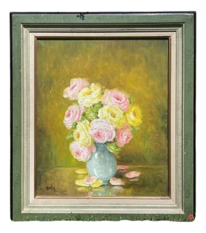 Marie-Madeleine de Rasky, Roses in a Blue Vase, Oil on Canvas, Framed