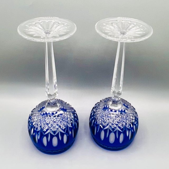 Vintage Crystal Clarendon Hock Wine Glasses from Waterford, Blue Cut in Clear, 1980s, Set of 2 For Sale - Image 15 of 16