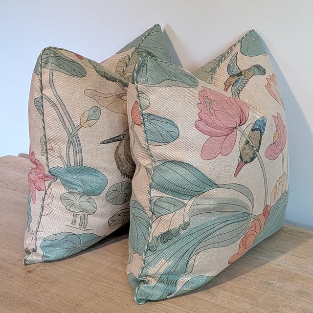 English Lee Jofa Nympheus Twill Pillows in Pink/Teal With Braided Multi Cord- 22" Pair For Sale - Image 3 of 8