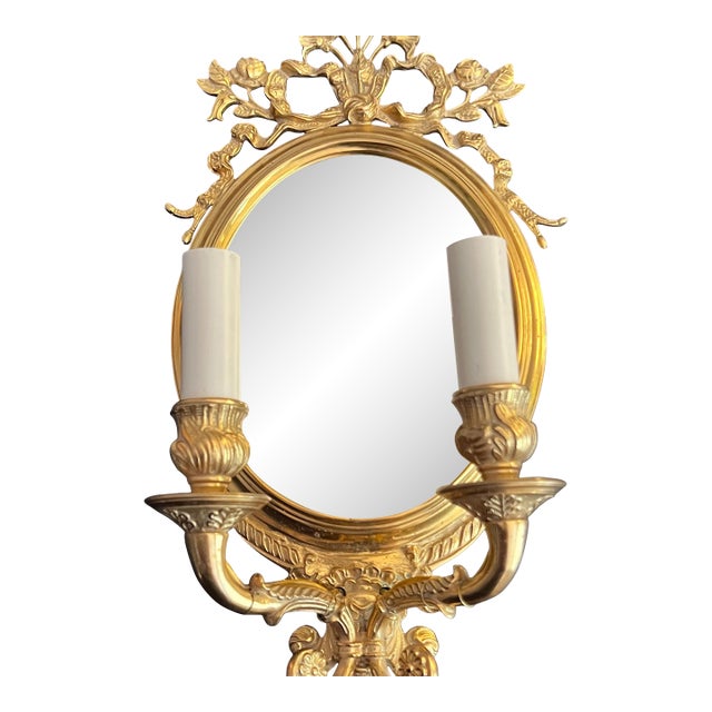 Stunning vintage Baker Knapp and Tubbs gilt brass two-bulb wall sconce // French-style wall light with mirrored back // Floral wall sconce For Sale