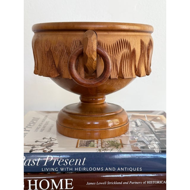 1970s Vintage Carved Burl Wood Bowl With Ring Handles For Sale - Image 5 of 8