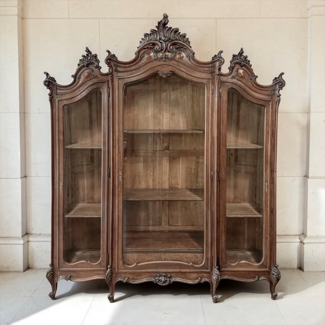 Rococo 19th Century Italian Rococo Walnut Three-Door Display Bookcase ~ Armoire For Sale - Image 3 of 18