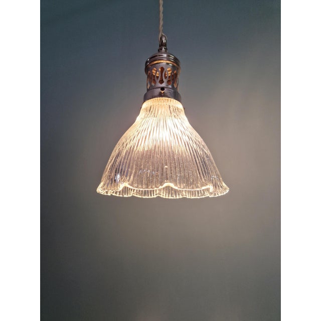 Holophane Art Deco Pendant Light in Grooved Clear Glass, 1930 For Sale - Image 4 of 12
