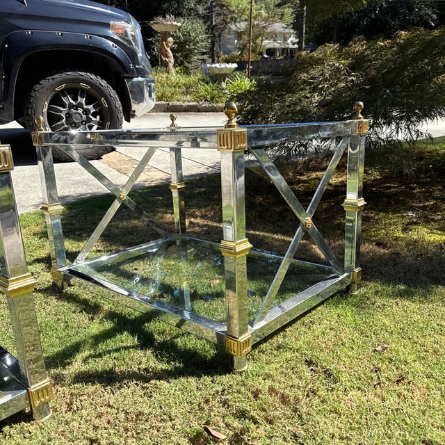 Vintage Chrome and Brass X-Base Tables Attributed to Maison Jansen ~ a Pair For Sale - Image 11 of 11