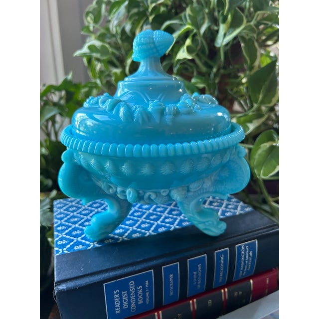 French Mid 20th Century Westmoreland Blue Milk Glass “Argonaut” Lidded Candy Dish For Sale - Image 3 of 10