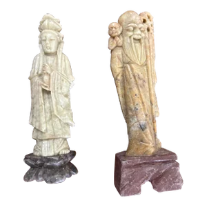 Antique Hand Carved Stone Immortal With Child and Matching Carved Woman- 2 Pieces