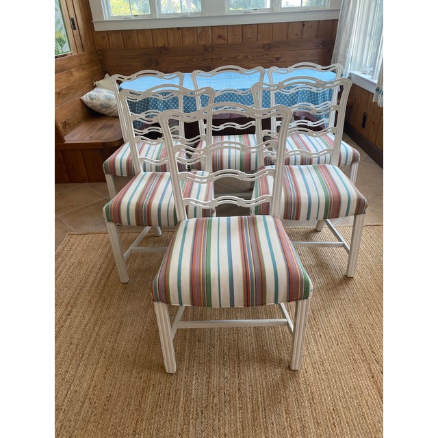 Chippendale Set of 6 Vintage Painted Mahogany Chippendale Ribbon Back Dining Chairs With New Perennials Striped Fabric For Sale - Image 3 of 14