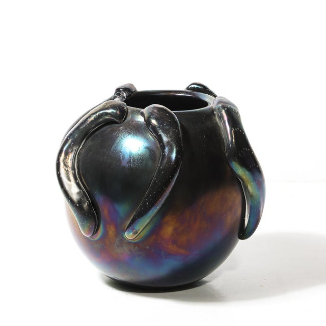 Mid-Century Modern Mid-Century Hand-Blown Murano Iridescent & Black Glass Vase W/ Sculptural Detail For Sale - Image 3 of 14