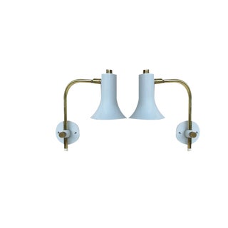 Brass & Light Blue Wall Lights, 1950s, Set of 2 For Sale