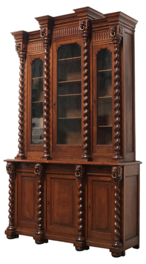 Renaissance French Bookcase Cabinet in Barley Twist Oak 1870s