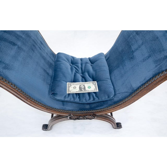 French Carved Wood Scissor Shape Blue Velvet Upholstery Bench For Sale - Image 9 of 13
