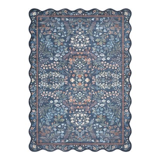 Navy Washable Folk Floral Rug with Scalloped Edge, 3'x4' For Sale